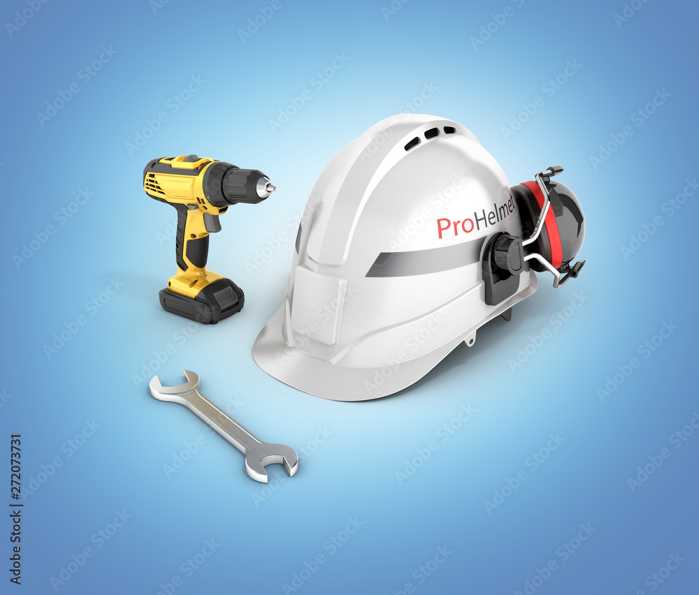 Illustration of construction and repair equipment Protective helmet and screwdriver with a wrench isolated on blue gradient background 3d render