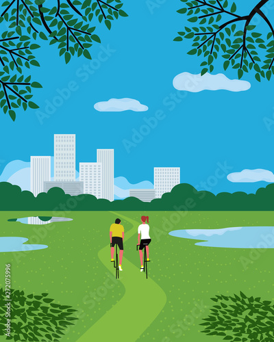 Rest in city garden flat color vector poster