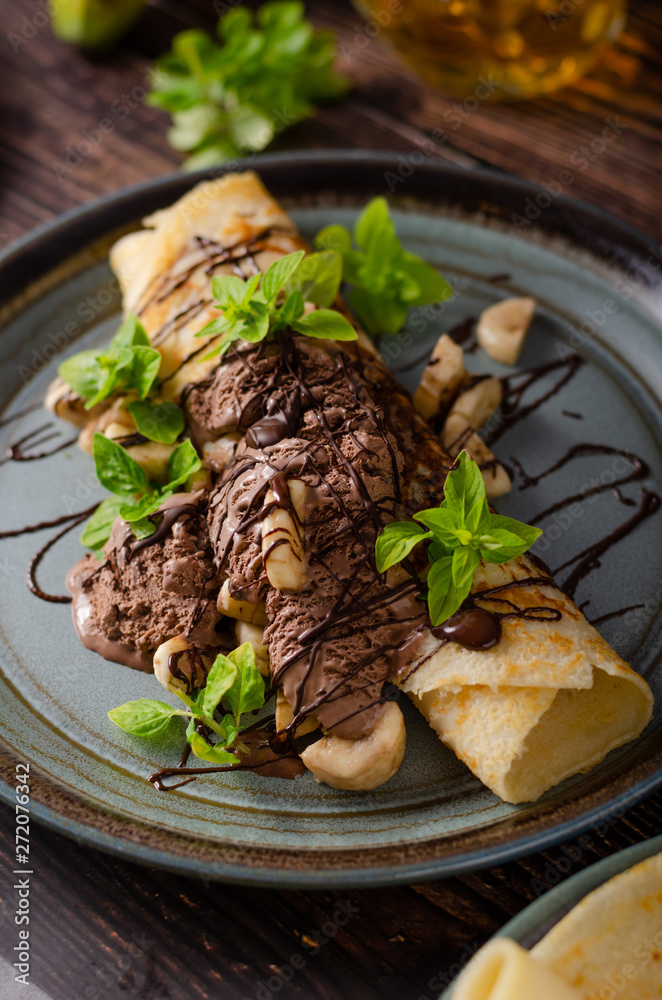 Decorated pancakes with chocolate ice cream Decorated pancakes with chocolate ice cream