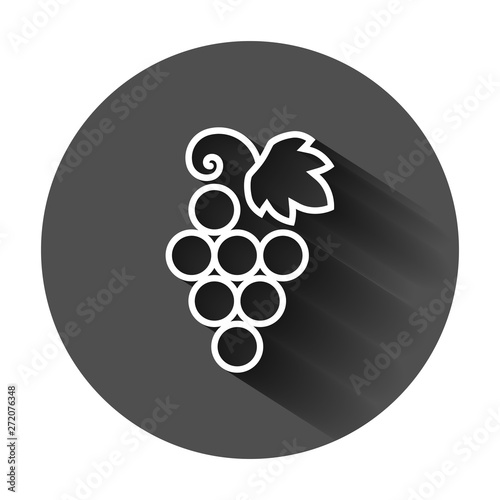 Grape fruits sign icon in flat style. Grapevine vector illustration on black round background with long shadow. Wine grapes business concept.