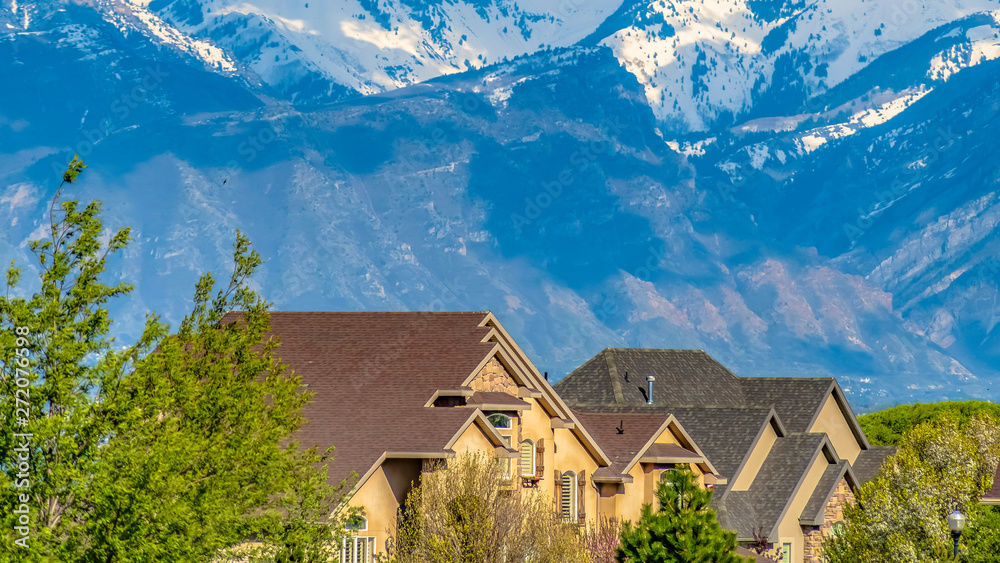 Panorama frame Houses and lush green trees with snow capped mountain in the background Panorama frame Houses and lush green trees with snow capped mountain in the background