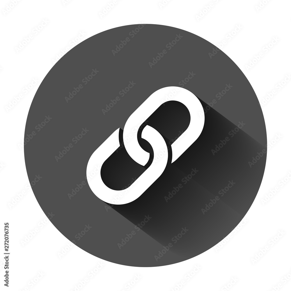 Chain sign icon in flat style. Link vector illustration on black round background with long shadow. Hyperlink business concept. Chain sign icon in flat style. Link vector illustration on black round background with long shadow. Hyperlink business concept.