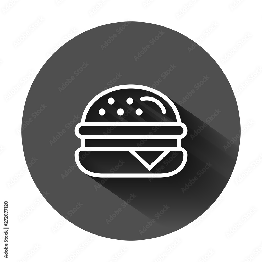 Burger sign icon in flat style. Hamburger vector illustration on black round background with long shadow. Cheeseburger business concept. Burger sign icon in flat style. Hamburger vector illustration on black round background with long shadow. Cheeseburger business concept.