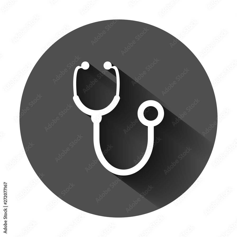Stethoscope sign icon in flat style. Doctor medical vector illustration on black round background with long shadow. Hospital business concept. Stethoscope sign icon in flat style. Doctor medical vector illustration on black round background with long shadow. Hospital business concept.