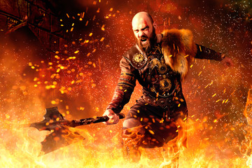 Viking with axe standing in fire, battle in action