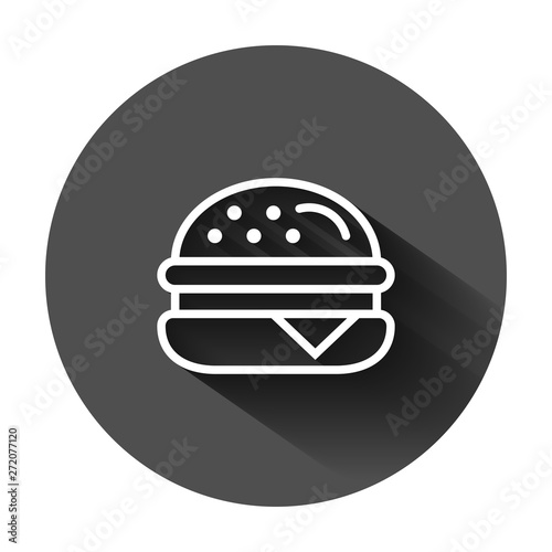 Burger sign icon in flat style. Hamburger vector illustration on black round background with long shadow. Cheeseburger business concept.