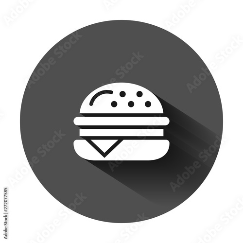 Burger sign icon in flat style. Hamburger vector illustration on black round background with long shadow. Cheeseburger business concept.