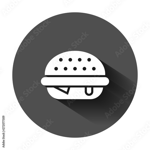 Burger sign icon in flat style. Hamburger vector illustration on black round background with long shadow. Cheeseburger business concept.