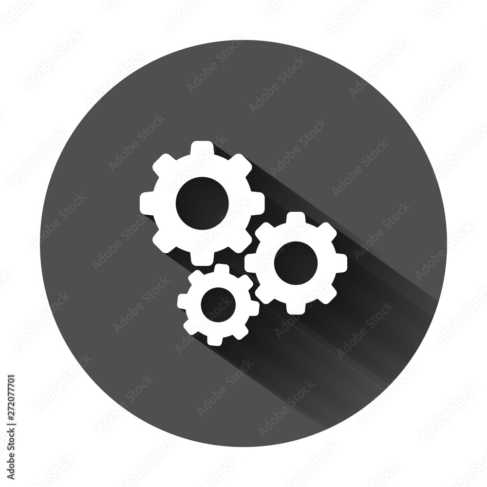 Gear vector icon in flat style. Cog wheel illustration on black round background with long shadow. Gearwheel cogwheel business concept. Gear vector icon in flat style. Cog wheel illustration on black round background with long shadow. Gearwheel cogwheel business concept.