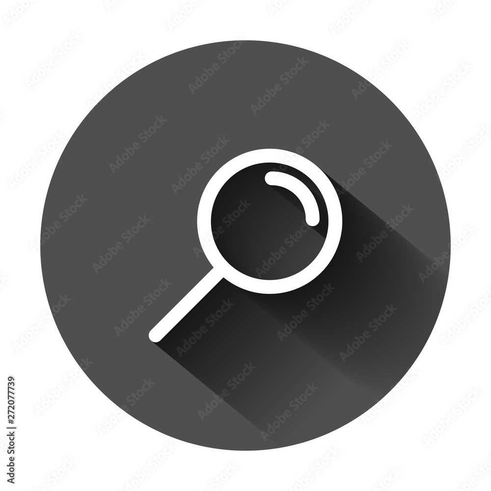 Loupe sign icon in flat style. Magnifier vector illustration on black round background with long shadow. Search business concept. Loupe sign icon in flat style. Magnifier vector illustration on black round background with long shadow. Search business concept.
