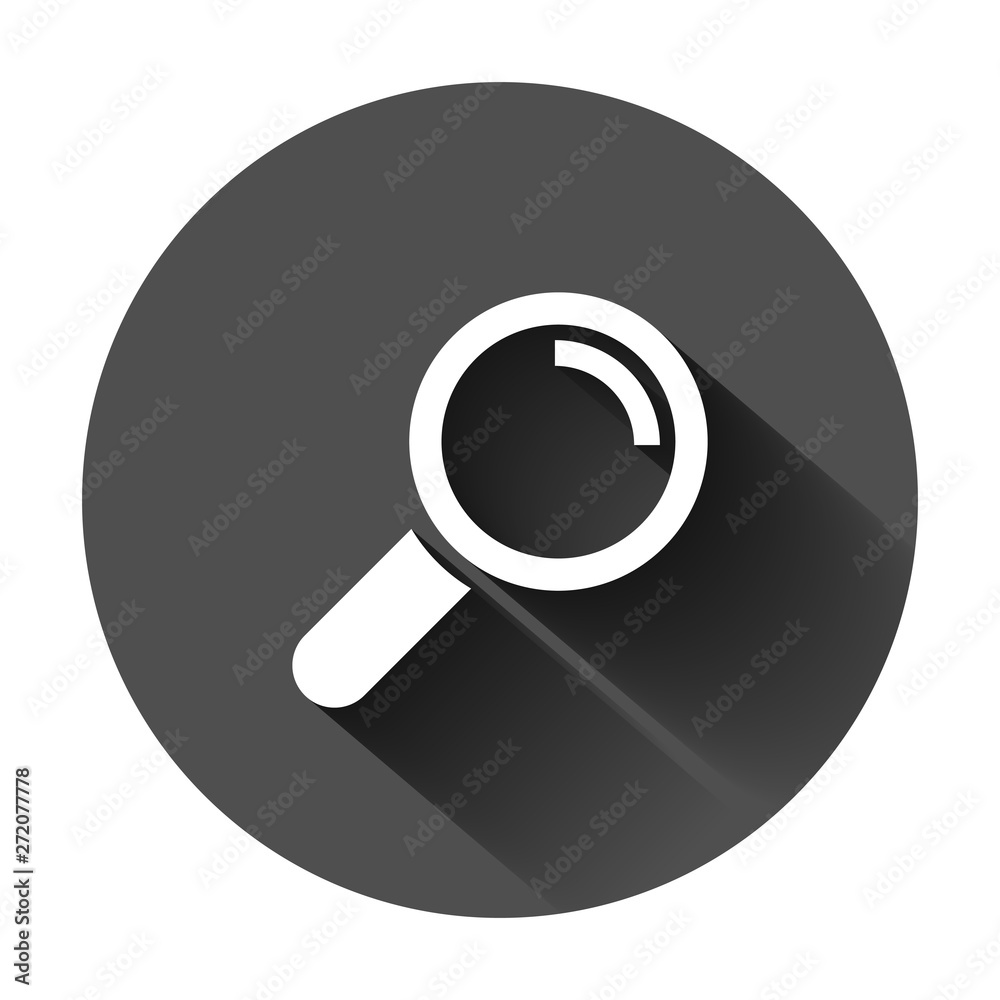 Loupe sign icon in flat style. Magnifier vector illustration on black round background with long shadow. Search business concept. Loupe sign icon in flat style. Magnifier vector illustration on black round background with long shadow. Search business concept.