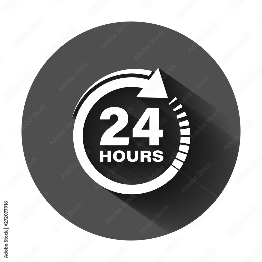 24 hours clock sign icon in flat style. Twenty four hour open vector illustration on black round background with long shadow. Timetable business concept. 24 hours clock sign icon in flat style. Twenty four hour open vector illustration on black round background with long shadow. Timetable business concept.