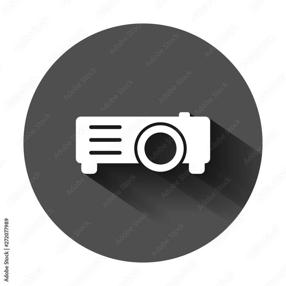 Video projector sign icon in flat style. Cinema presentation device vector illustration on black round background with long shadow. Conference business concept.