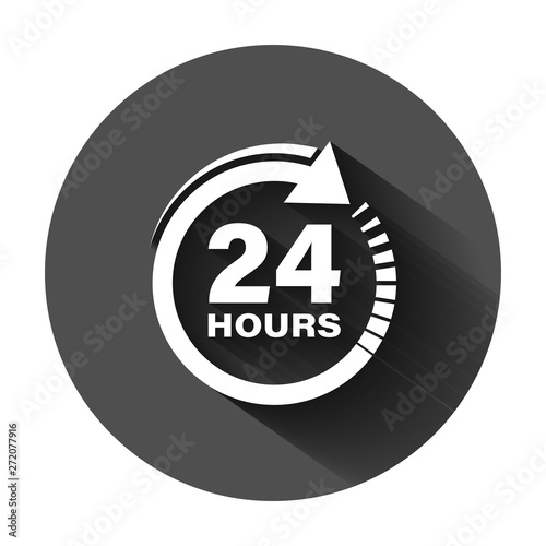 24 hours clock sign icon in flat style. Twenty four hour open vector illustration on black round background with long shadow. Timetable business concept.