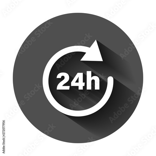24 hours clock sign icon in flat style. Twenty four hour open vector illustration on black round background with long shadow. Timetable business concept.