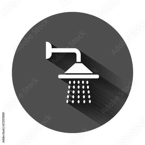 Shower sign icon in flat style. Bathroom water device vector illustration on black round background with long shadow. Wash business concept.