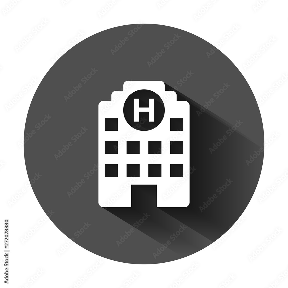 Hospital building icon in flat style. Infirmary vector illustration on black round background with long shadow. Medical ambulance business concept. Hospital building icon in flat style. Infirmary vector illustration on black round background with long shadow. Medical ambulance business concept.