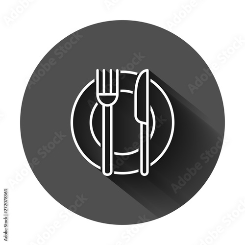 Fork, knife and plate icon in flat style. Restaurant vector illustration on black round background with long shadow. Dinner business concept.