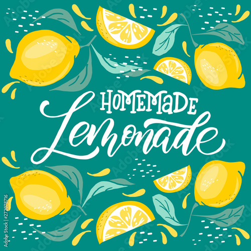Lemonade lettering with lemon label. Brush calligraphy of word lemonade.