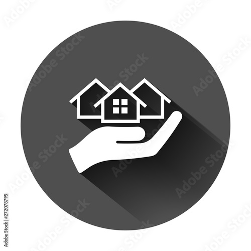 Home care icon in flat style. Hand hold house vector illustration on black round background with long shadow. Building quality business concept.
