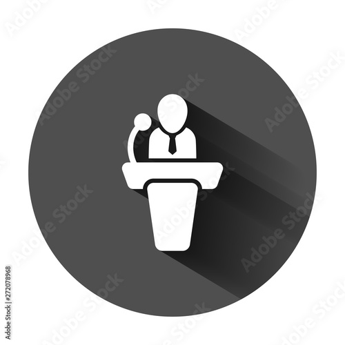 Public speach icon in flat style. Podium conference vector illustration on black round background with long shadow. Tribune debate business concept.
