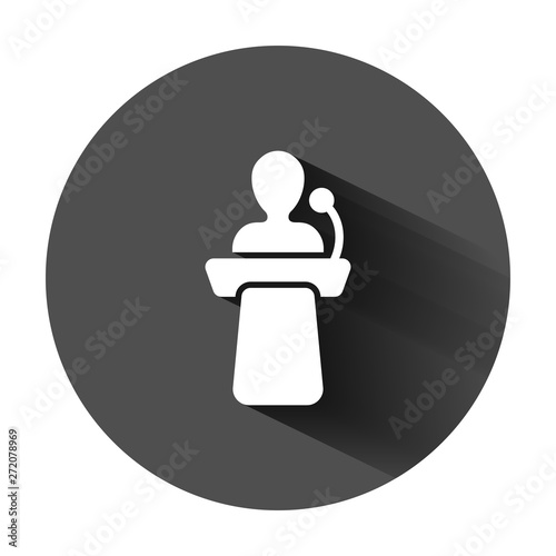 Public speach icon in flat style. Podium conference vector illustration on black round background with long shadow. Tribune debate business concept.