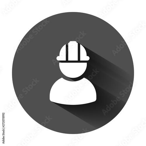 Construction worker icon in flat style. Factory employee vector illustration on black round background with long shadow. Architect manager business concept.
