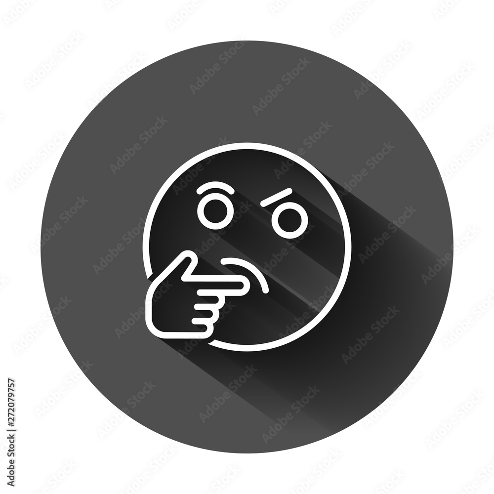 Thinking face icon in flat style. Smile emoticon vector illustration on black round background with long shadow. Character business concept. Thinking face icon in flat style. Smile emoticon vector illustration on black round background with long shadow. Character business concept.