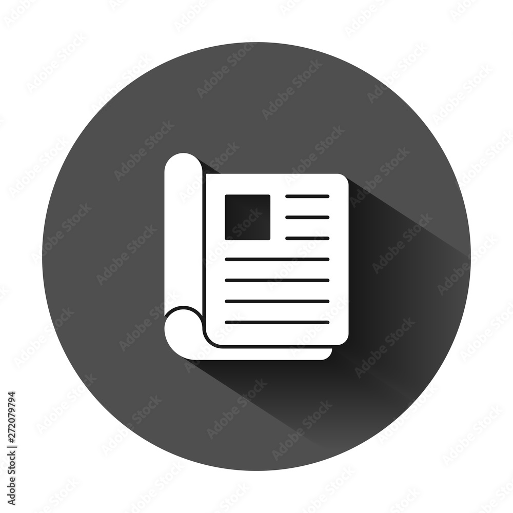 Magazine page icon in flat style. News vector illustration on black round background with long shadow. Brochure business concept. Magazine page icon in flat style. News vector illustration on black round background with long shadow. Brochure business concept.