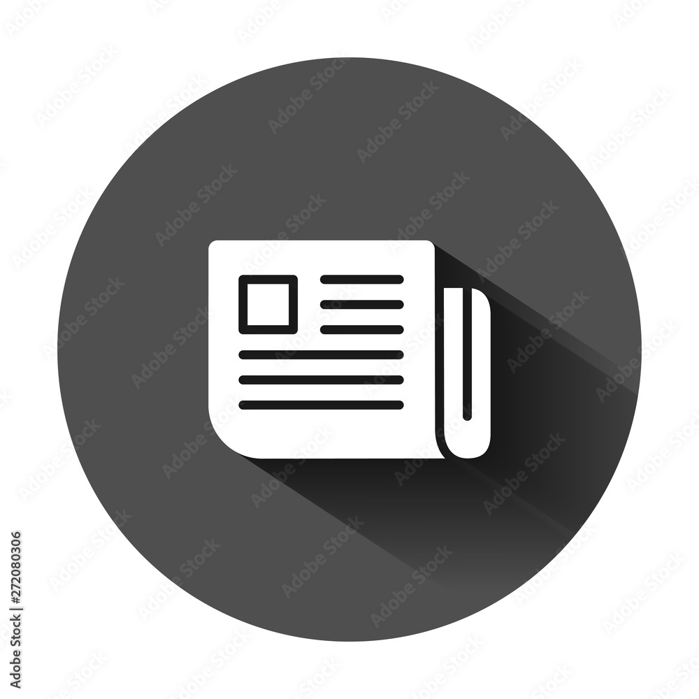 Magazine page icon in flat style. News vector illustration on black round background with long shadow. Brochure business concept. Magazine page icon in flat style. News vector illustration on black round background with long shadow. Brochure business concept.