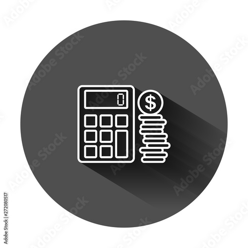 Money calculation icon in flat style. Budget banking vector illustration on black round background with long shadow. Financial payment business concept.