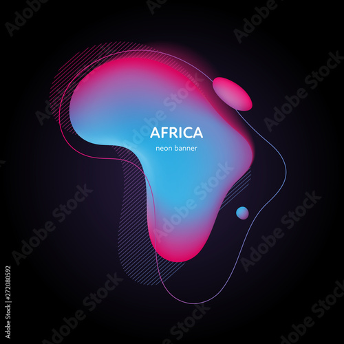 Trendy geometric liquid 3d neon banner. Colorful blue to pink bright gradient fliud splashes and elements on black background. Earth geography continents inspired concept. Africa text.