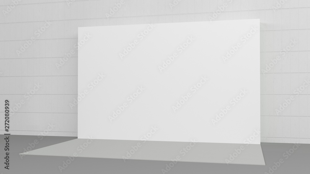 White backdrop 3x5 meters in room with grey paint on wall. 3d render mockup. Template White backdrop 3x5 meters in room with grey paint on wall. 3d render mockup. Template