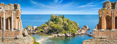 Collage with ancient Greek theatre and Isola Bella in Taormina, Sicily, Italy