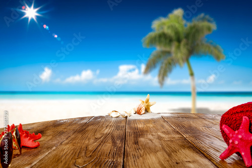 Summer background of free space for your decoration and green palm on beach. 