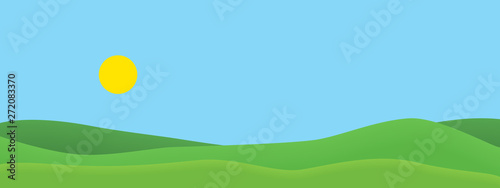 Realistic wide screen illustration of green grassy hills in summer landscape with blue sky with shining sun. Suitable as a holiday or travel advertisement, vector