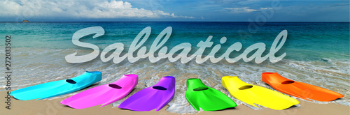 romantic tropical beach and ocean with multicolored diving fins in the summer sun