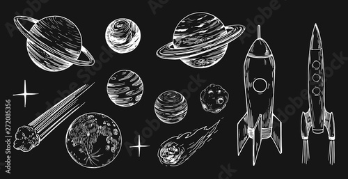 Set of space objects: planets, stars. Hand drawn vector