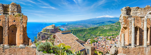 Panoramic collage with ancient Greek theatre and Church of Madonna della Rocca in Taormina, Sicily, Italy