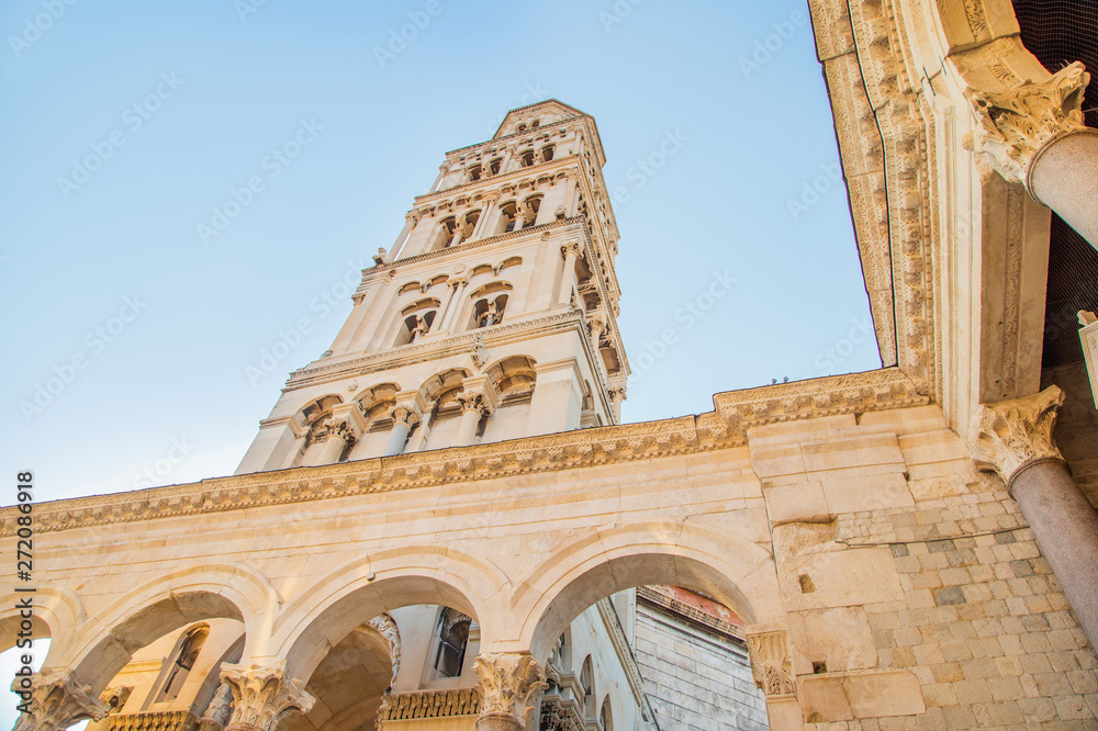 Split, Dalmatia, Croatia, cathedral of Saint Domnius and Diocletian Palace in Split, Dalmatia, Croatia, historic Peristil UNESCO world heritage site, wide angle shot