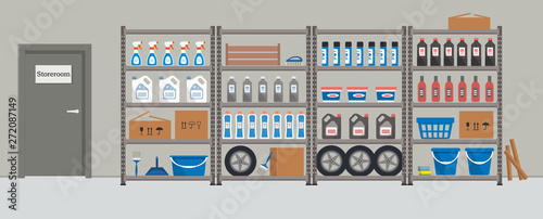 Storeroom. Shelving with household goods. Warehouse racks. There are cardboard boxes, buckets, brushes, bottles and other things in the picture. Vector illustration