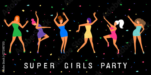 Dancing girl  card background. Happy dansing bright colored adult woman for design modern pop party invitation, birthday greeting card, fashion shop sale advertising, bag print, holiday wallpaper etc.