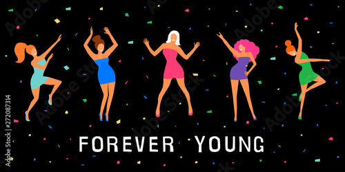 Dancing girl  card background. Happy dansing bright colored adult woman for design modern pop party invitation, birthday greeting card, fashion shop sale advertising, bag print, holiday wallpaper etc.