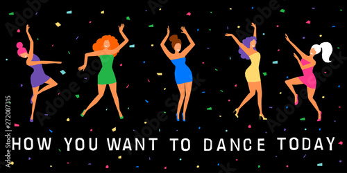 Dancing girl  card background. Happy dansing bright colored adult woman for design modern pop party invitation, birthday greeting card, fashion shop sale advertising, bag print, holiday wallpaper etc.