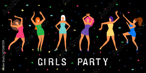 Dancing girl  card background. Happy dansing bright colored adult woman for design modern pop party invitation, birthday greeting card, fashion shop sale advertising, bag print, holiday wallpaper etc.