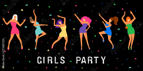 Dancing girl  card background. Happy dansing bright colored adult woman for design modern pop party invitation, birthday greeting card, fashion shop sale advertising, bag print, holiday wallpaper etc.