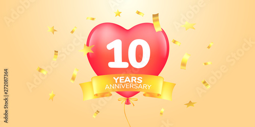10 years anniversary vector logo, icon. Template banner, symbol with heart shape air hot balloon
