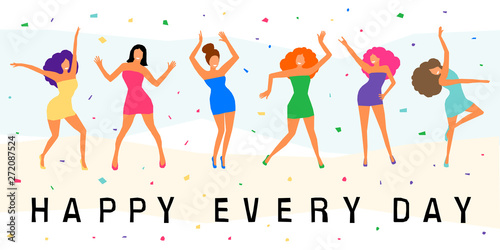 Dancing girl  card background. Happy dansing bright colored adult woman for design modern pop party invitation, birthday greeting card, fashion shop sale advertising, bag print, holiday wallpaper etc.