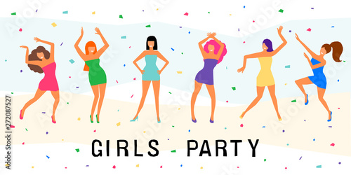 Dancing girl  card background. Happy dansing bright colored adult woman for design modern pop party invitation, birthday greeting card, fashion shop sale advertising, bag print, holiday wallpaper etc.