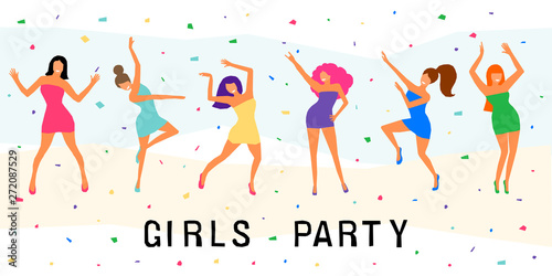 Dancing girl  card background. Happy dansing bright colored adult woman for design modern pop party invitation, birthday greeting card, fashion shop sale advertising, bag print, holiday wallpaper etc.